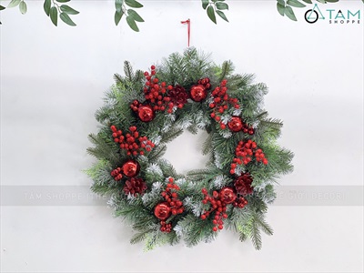 Vòng nguyệt quế có lá PE thông đỏ trái đỏ ĐK 60cm VNGQ-X-40